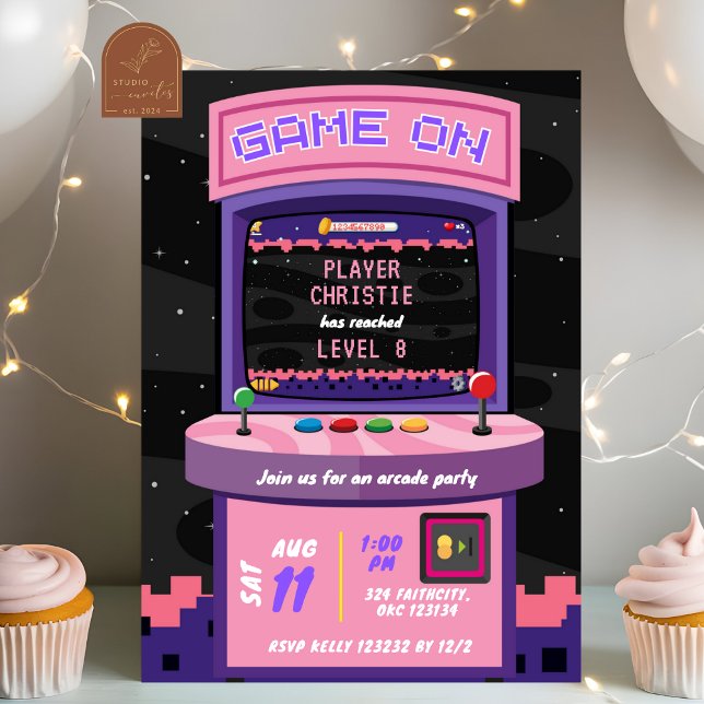 Rosa Lila Neon Arcade Game Girl Birthday Inbjudningar (Skapare uppladdad)