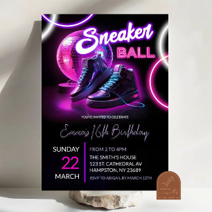 Rosa Lila Neon Discoball Sneakerball Birthday Inbjudningar