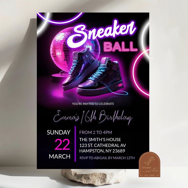 Rosa Lila Neon Discoball Sneakerball Birthday Inbjudningar (Skapare uppladdad)