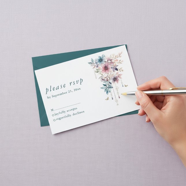 rosa lila och blåa blommor och fjärilar OSA kort (pink purple and blue flowers and butterflies RSVP card.)