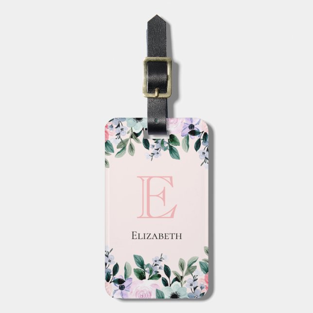 Rosa Lila och Grönt Blommigt Vattenfärg Bagagebricka (Vertikal Framsida)