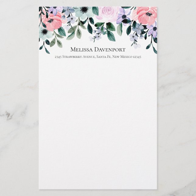 Rosa Lila och Grönt Blommigt Vattenfärg Brevpapper (Framsida)