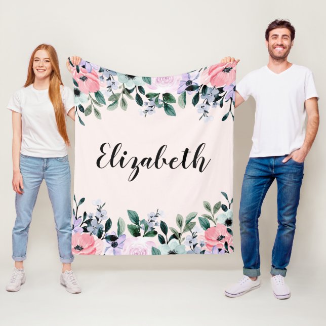 Rosa Lila och Grönt Blommigt Vattenfärg Fleecefilt (På plats)