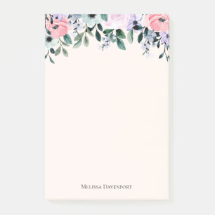 Rosa Lila och Grönt Blommigt Vattenfärg Post-it Block