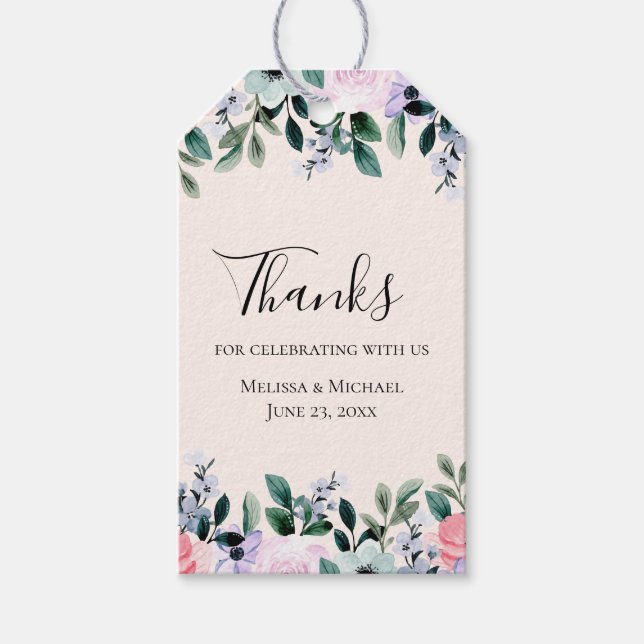 Rosa Lila och Grönt Blommigt Vattenfärg Presentetikett (Framsidan)