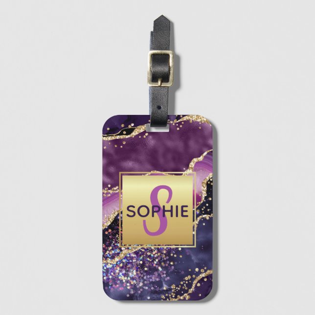 Rosa lila och guld glitter Agate-design Bagagebricka (Framsida vertikal)