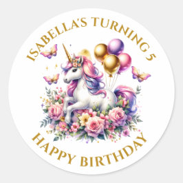 Rosa Lila och Guld Unicorn Birthday Personlig Runt Klistermärke