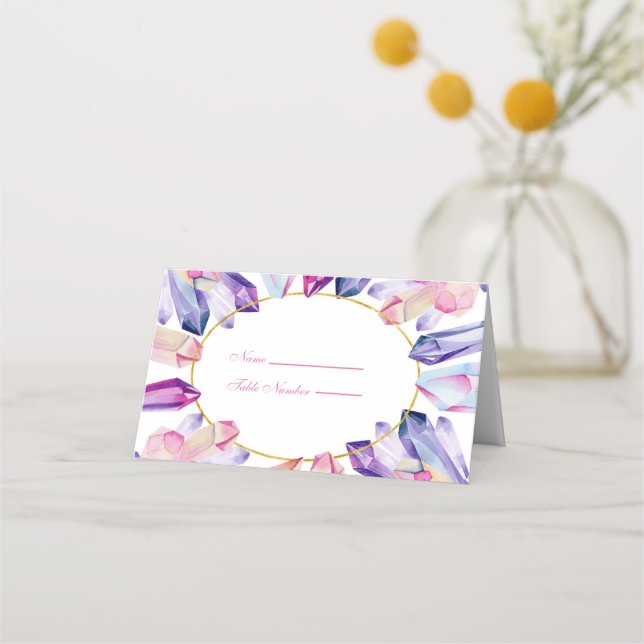 Rosa Lila och Gult Crystals Ställe Namn Placeringskort (Framsida)