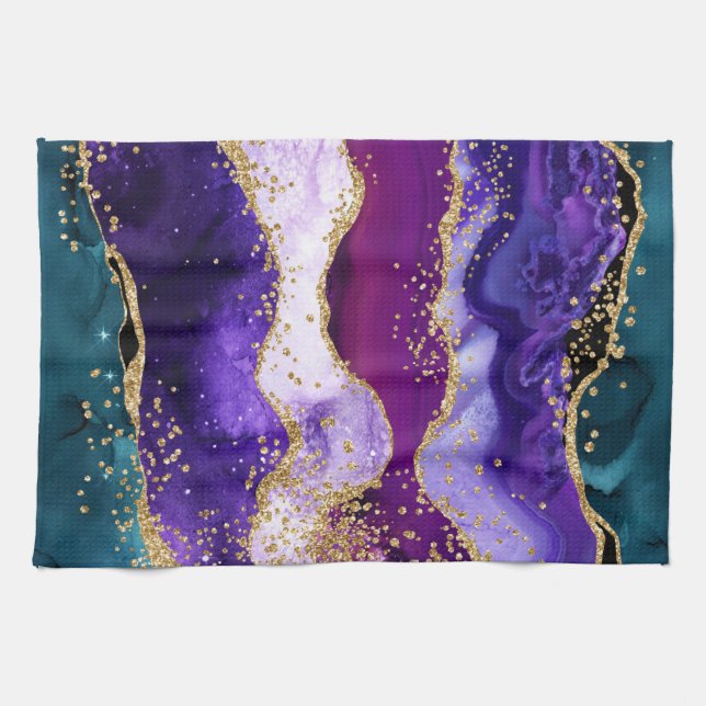 Rosa, lila och teal glitter påfågelagate kökshandduk (Horisontell)