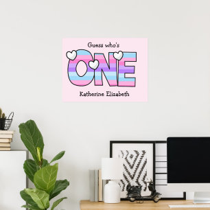 Rosa Lila Ombre Rand Hearts First Birthday Poster