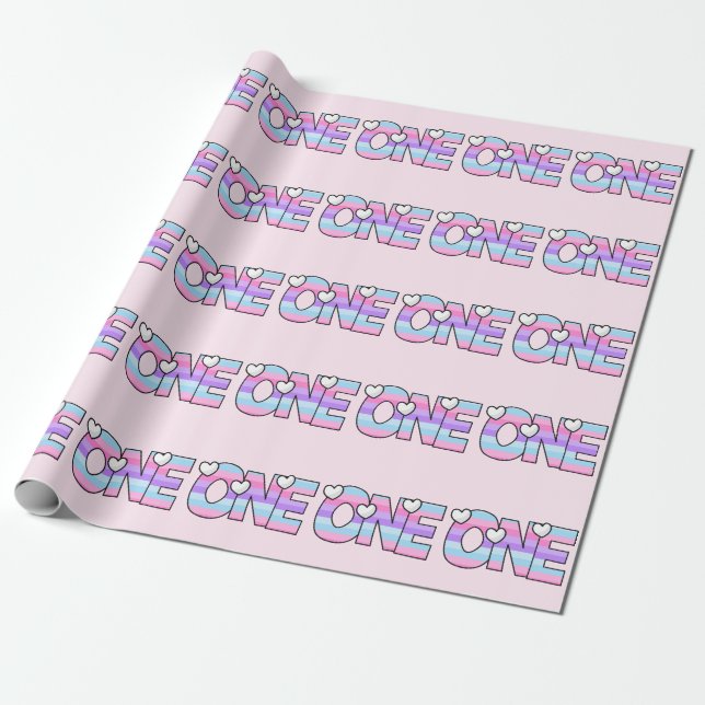 Rosa Lila Ombre Rand Hearts First Birthday Presentpapper (Utrullad)