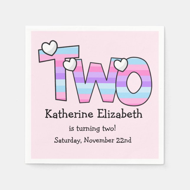 Rosa Lila Ombre Rand Hearts Second Birthday Pappersservett (Framsidan)