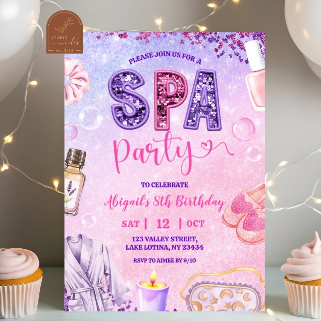 Rosa lila paljett SPA-fest födelsedag Inbjudningar (Skapare uppladdad)