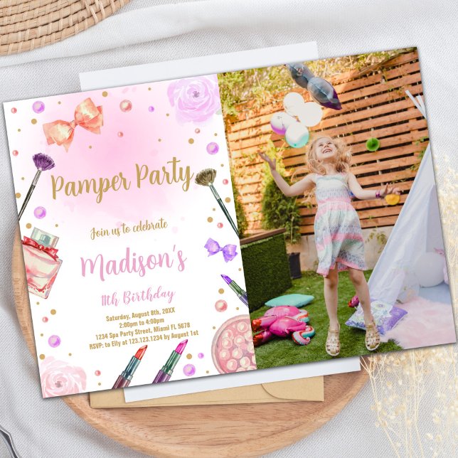 Rosa Lila Pamper Party Birthday-inbjudan, hack Inbjudningar (Pink Purple Pamper Party Birthday Invitations phot)