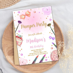Rosa Lila Pamper Party födelsedag Inbjudningar