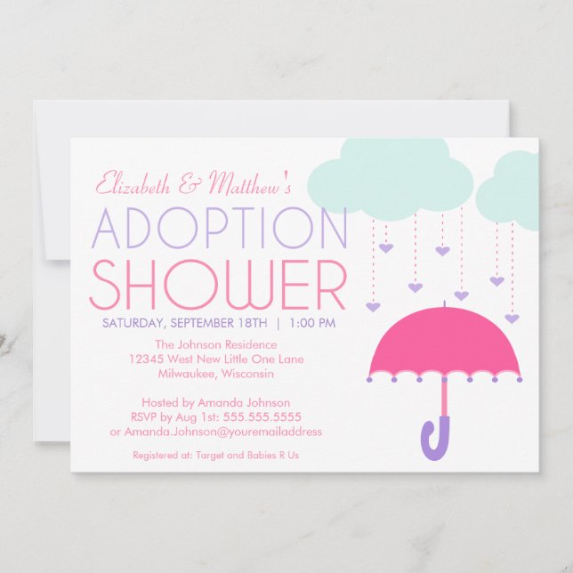 Rosa Lila Paraplla Adoption Shower-inbjudan Inbjudningar (Framsida)