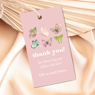 Rosa Lila Pastel Butterfly Girl Baby Shower Presentetikett