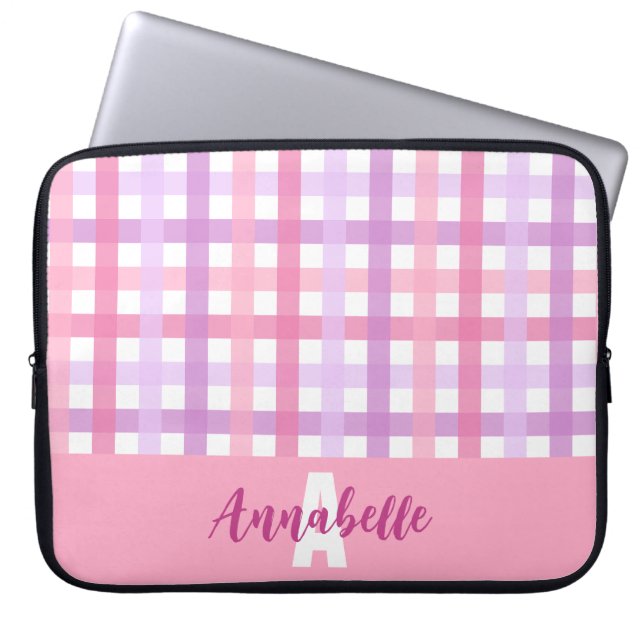Rosa Lila Pastel Gingham Mönster Monogram Laptop Fodral (Framsidan)