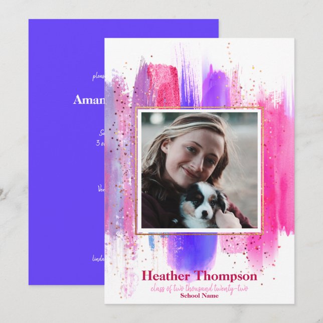 Rosa & Lila Pawarde Glitter Sparkles Studenten Inbjudningar (Fram/baksida)