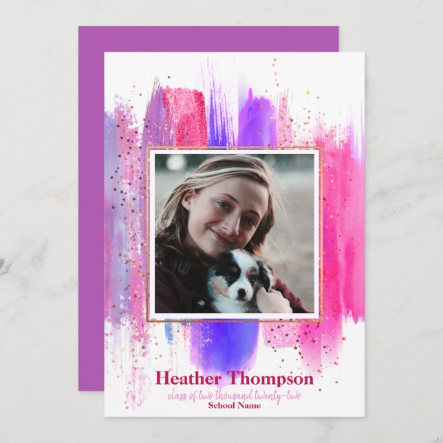 Rosa & Lila Pawarde Glitter Sparkles Studenten Inbjudningar (Fram/baksida)