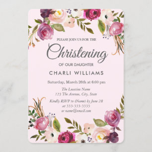 Rosa Lila Peach Blommigt Girl Christening baptism Inbjudningar