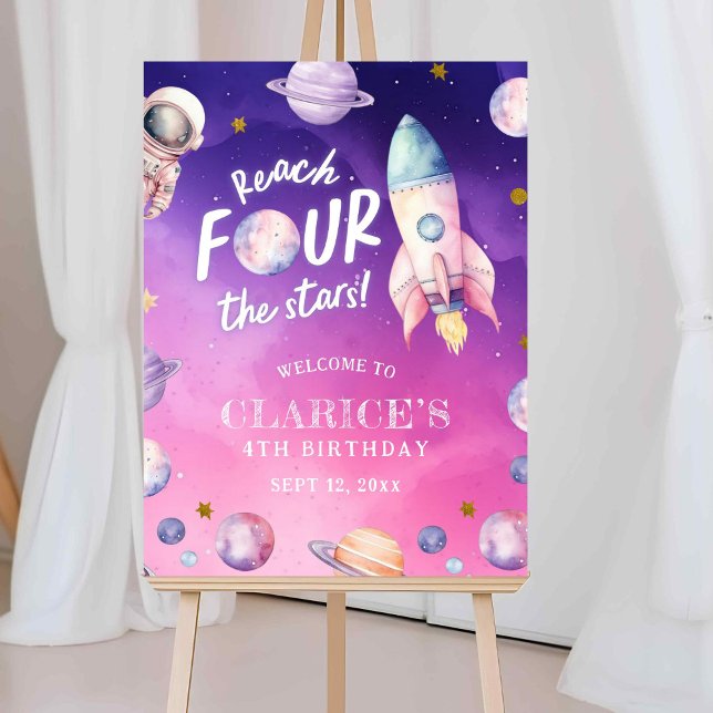 Rosa lila planet rymd flickas födelsedags välkomst poster (Skapare uppladdad)