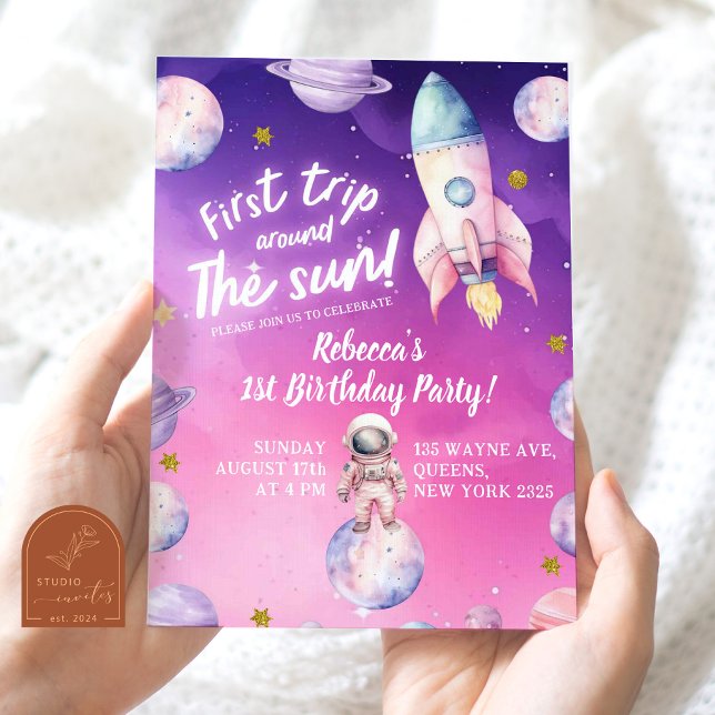 Rosa lila planet rymd flickas första födelsedag inbjudningar (Skapare uppladdad)