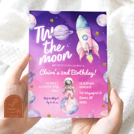 Rosa lila planet två till månen flicka 2-årsdag inbjudningar