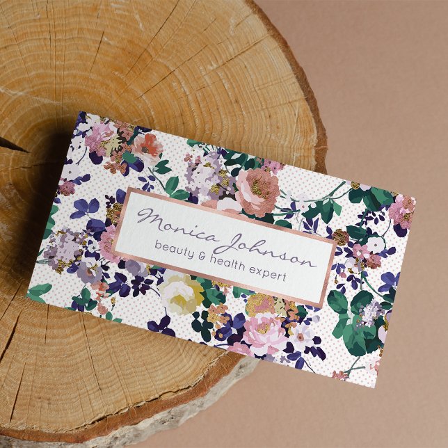 Rosa lila polka dots blommigt guld visitkort (Pink teal purple gold polka dots floral business card )