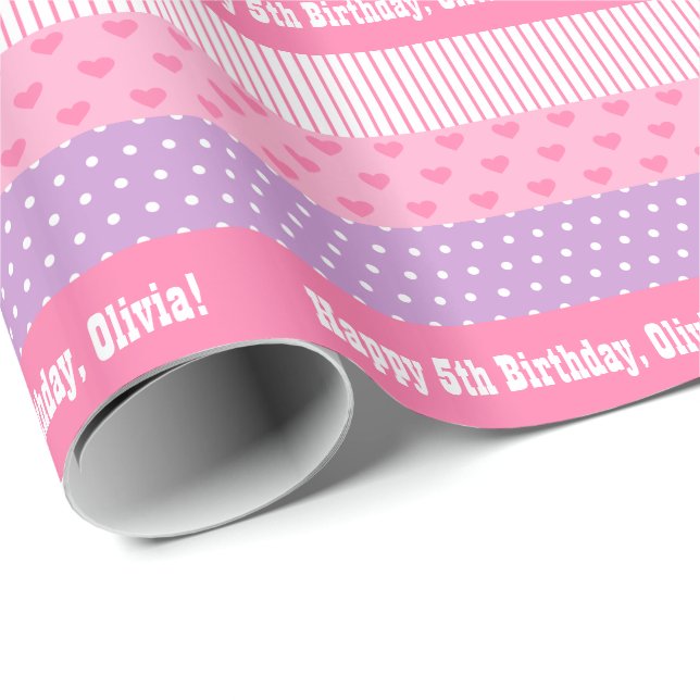 Rosa Lila Prickar Ränder Hjärtan Mönster Presentpapper (Rullad Hörn)