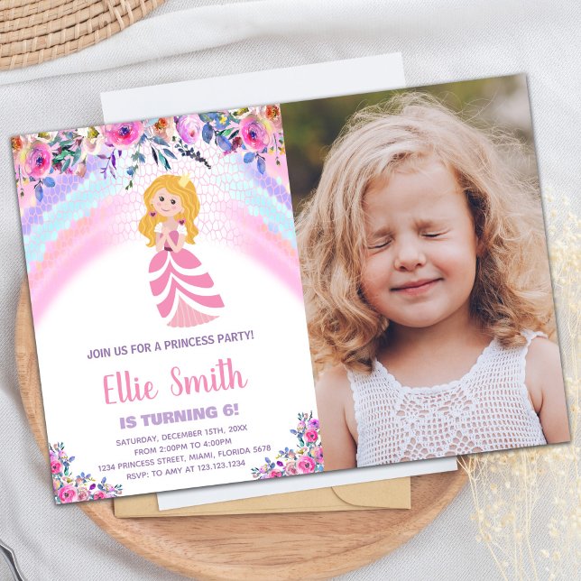 Rosa Lila Princess Birthday Investigw Photo Inbjudningar (Pink Purple Princess Birthday Invitations w Photo)