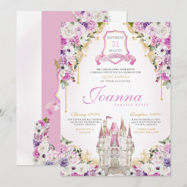Rosa Lila Princess Castle Royal Quinceanera Inbjudningar (Fram/baksida)