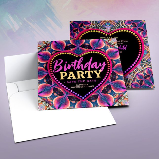Rosa Lila Psykedelisk Hippie Hjärtfödelsedag Spara Datumet (Get ready to celebrate in groovy style with this vibrant invitation card)