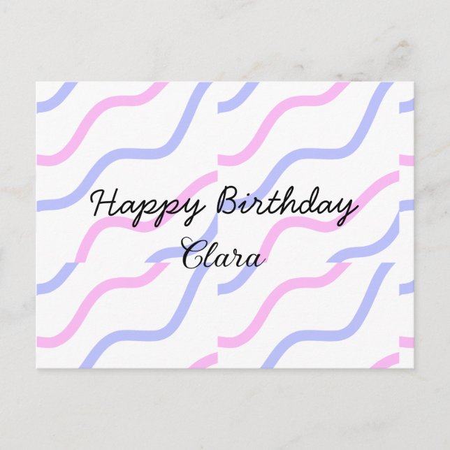 Rosa lila ränder glad födelsedag lägg till namn te vykort (Framsida)