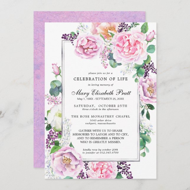 Rosa Lila Ro Blommigt Firande Life Inbjudningar (Fram/baksida)