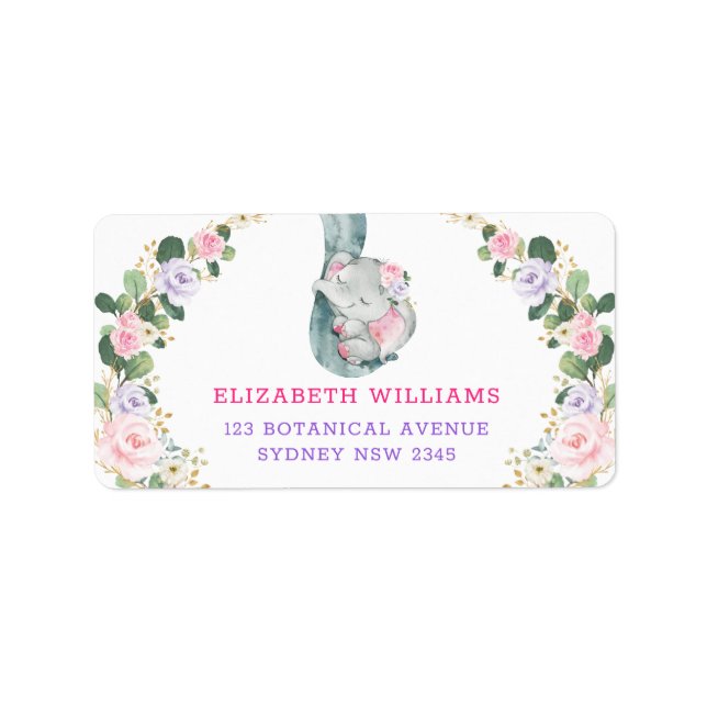 Rosa Lila Ro Greenery Sleeping Baby Elephant Adressetikett (Framsidan)