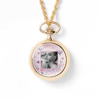 Rosa lila ro-hjärtan blommigt fotovattenfärg för armbandsur