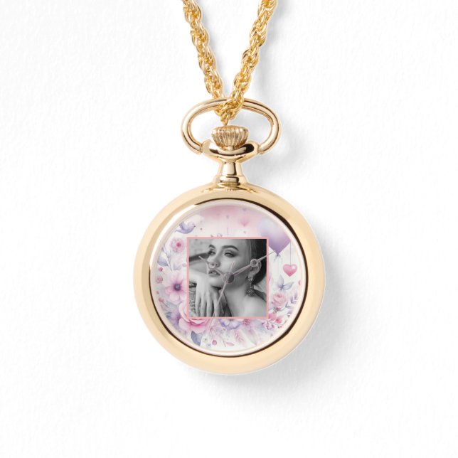 Rosa lila ro-hjärtan blommigt fotovattenfärg för   armbandsur (Framsida)