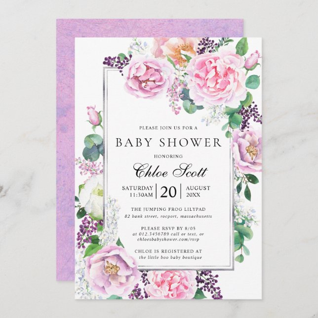 Rosa Lila Ro Peony Blommigt Baby Shower Inbjudningar (Fram/baksida)