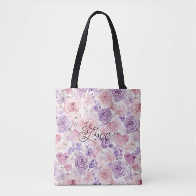 Rosa lila röda blommor hjärtan  tygkasse (Framsida)