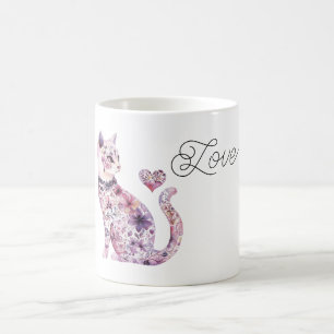 Rosa Lila Rodnad Blommor Hjärta Kärlek Katt Kaffemugg