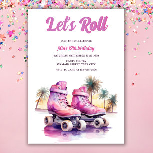 Rosa Lila Roller Skate Tropical Födelsedagsfest Inbjudningar