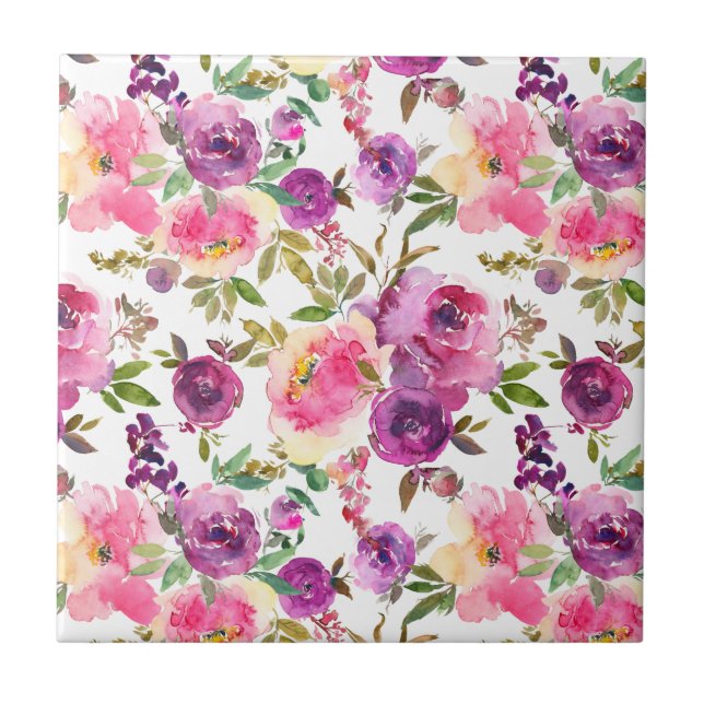 Rosa Lila Rosor Blommig Tjejaktig Trendig Kakelplatta (Framsidan)