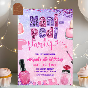Rosa lila sequin MANI PEDI-fest födelsedag Inbjudningar