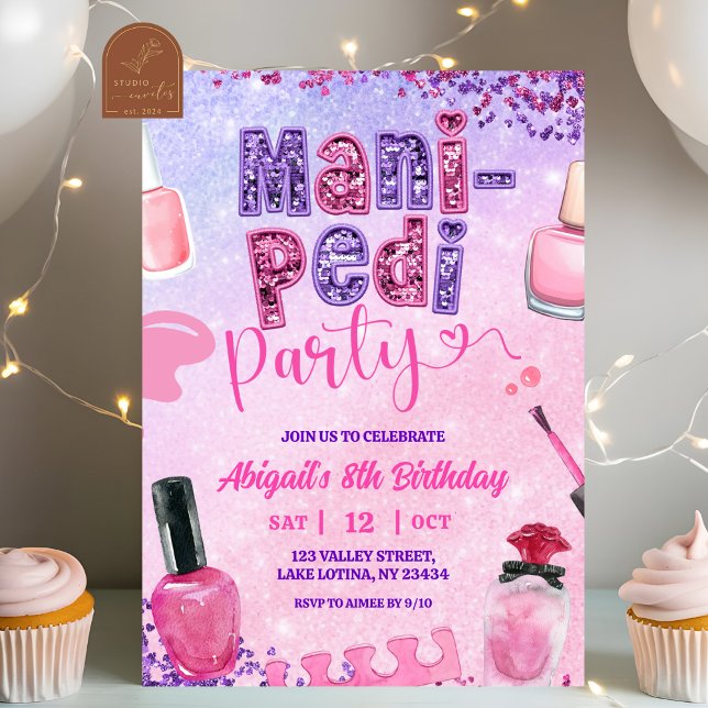 Rosa lila sequin MANI PEDI-fest födelsedag  Inbjudningar (Skapare uppladdad)