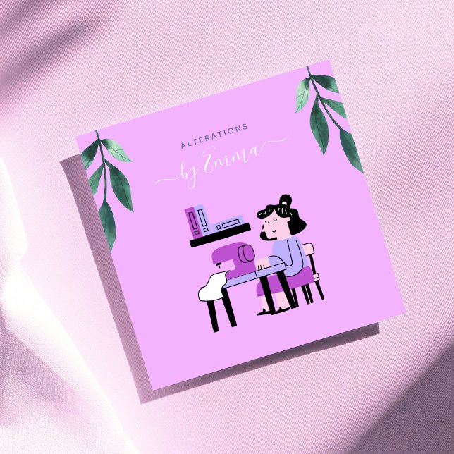 Rosa Lila Sewing Maskin Seamstress Illustration Fyrkantigt Visitkort (Skapare uppladdad)