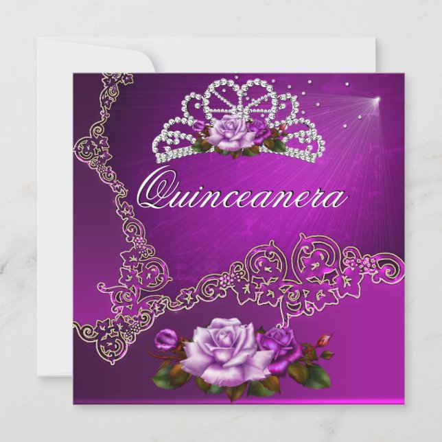 Rosa Lila Silver Rosor Quinceanera 15-årsfirande Inbjudningar (Framsida)