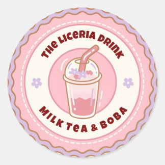 Rosa & Lila Söt Boba Milk Tea Logotyp Runt Klistermärke