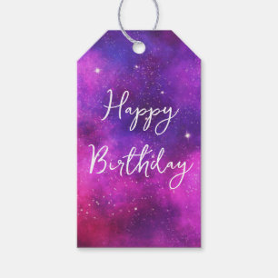 Rosa & Lila Space & Stars Faux Galaxy Birthday Presentetikett