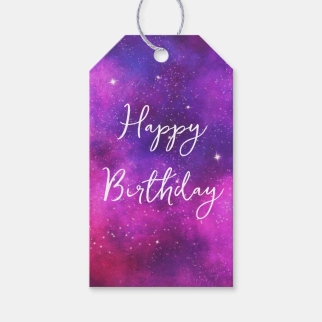 Rosa & Lila Space & Stars Faux Galaxy Birthday Presentetikett (Framsidan)